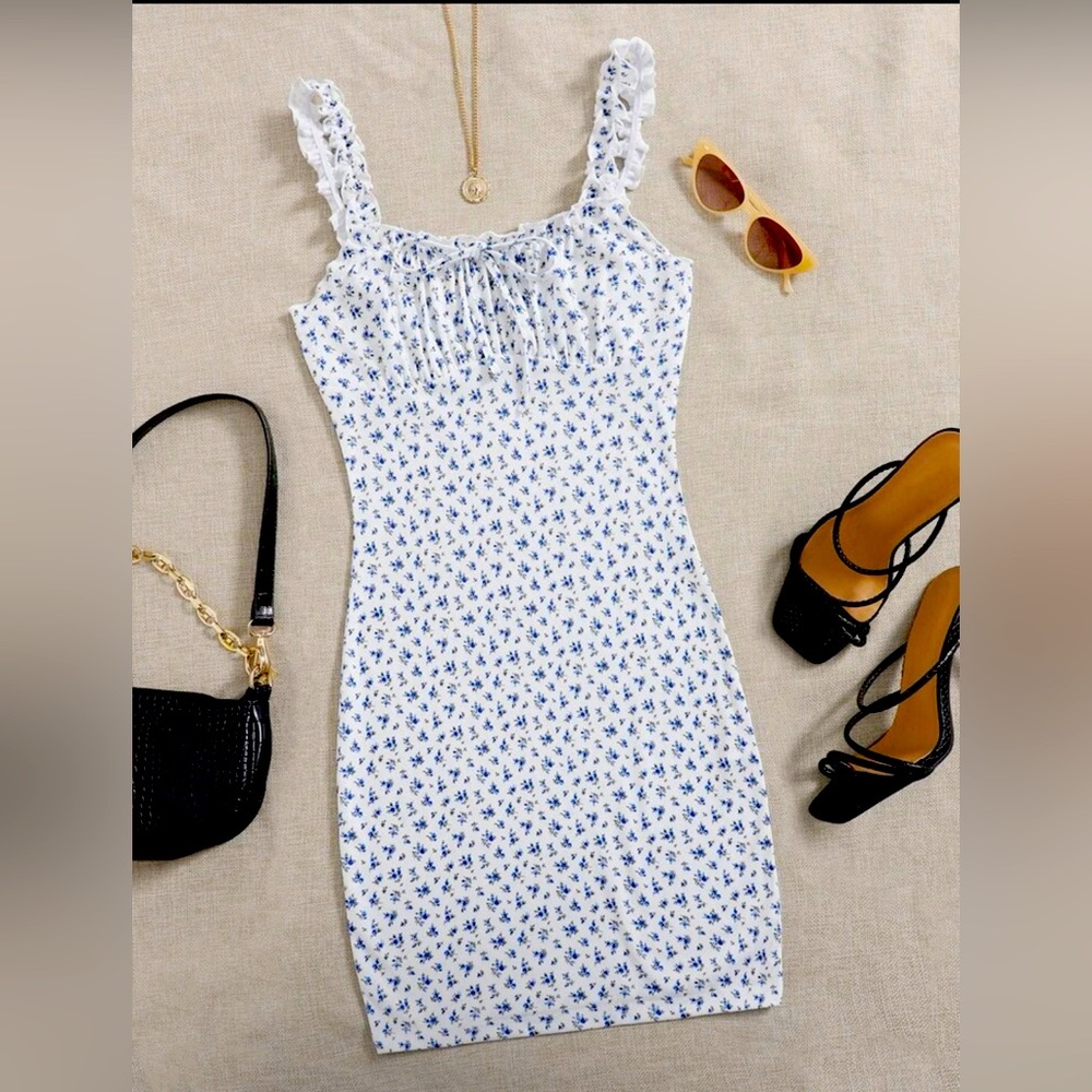 SHEIN Blue and White Floral Mini Dress